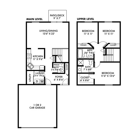 Floor plan for 3 beds, 2.5 baths, 1400 sqft